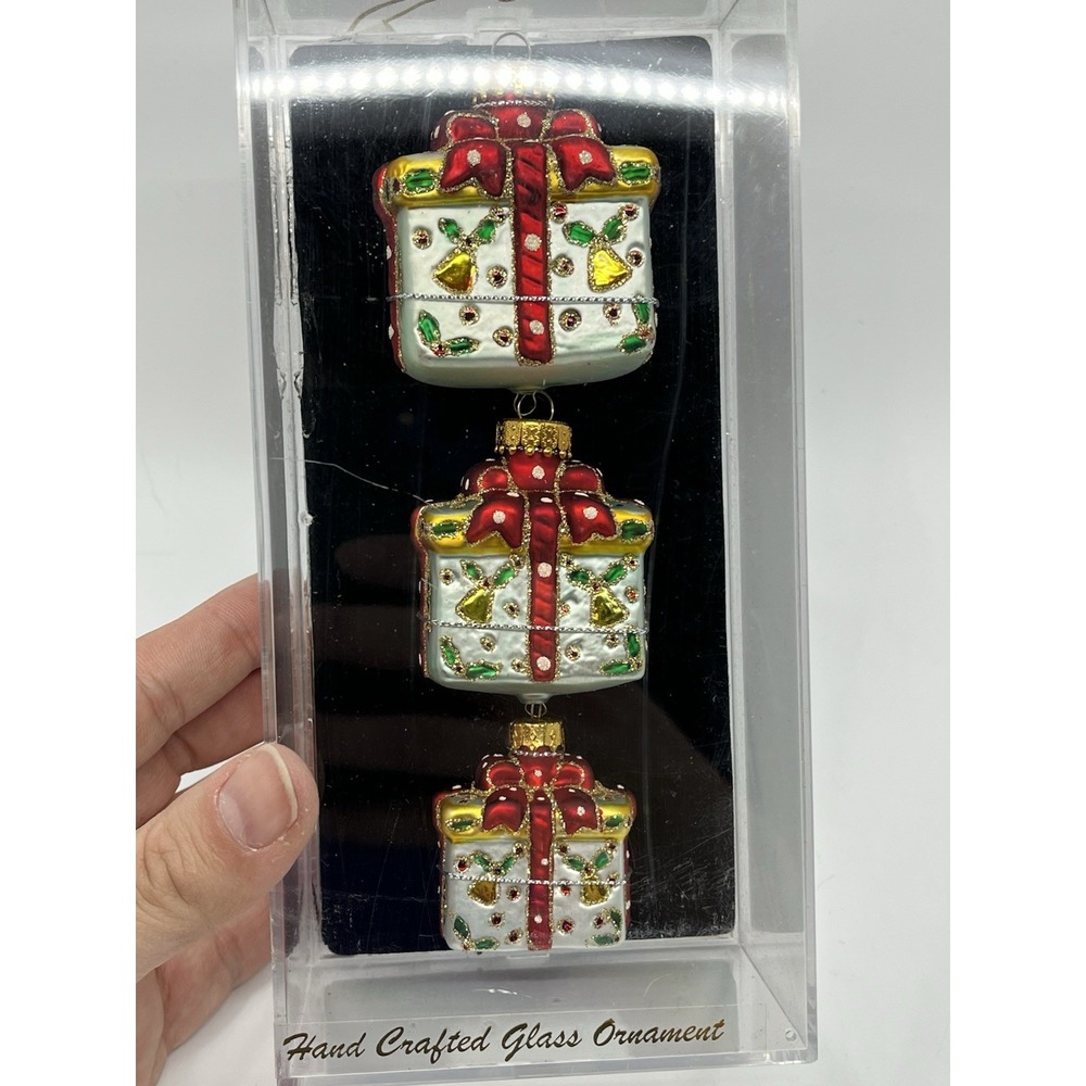 Hand Crafted Glass Presents Christmas Ornaments Set 3 by Unique Treasures 2"